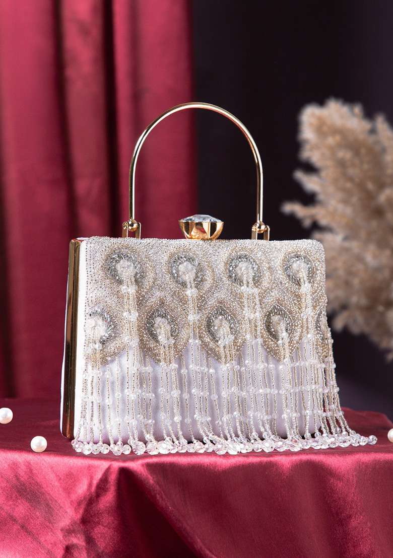 White And Silver Two Tone Velvet Clutch - Indya