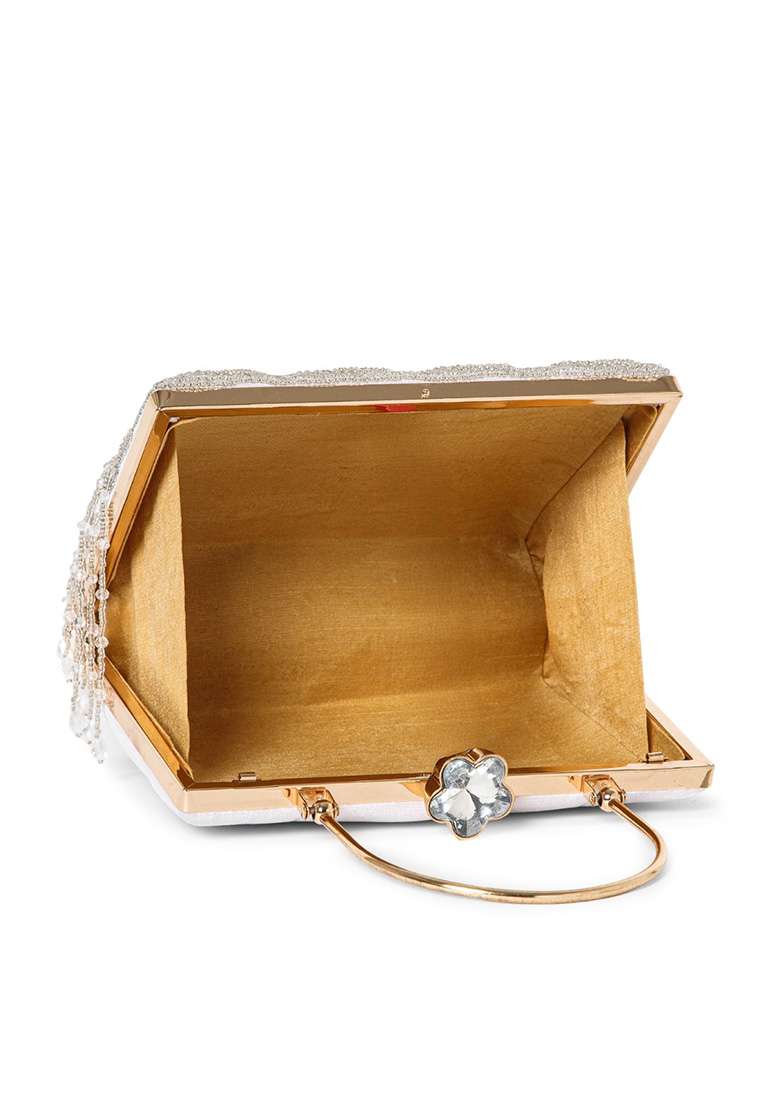 White And Silver Two Tone Velvet Clutch - Indya