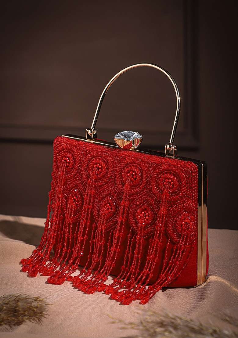 Crimson Red And Gold Two Tone Velvet Clutch - Indya