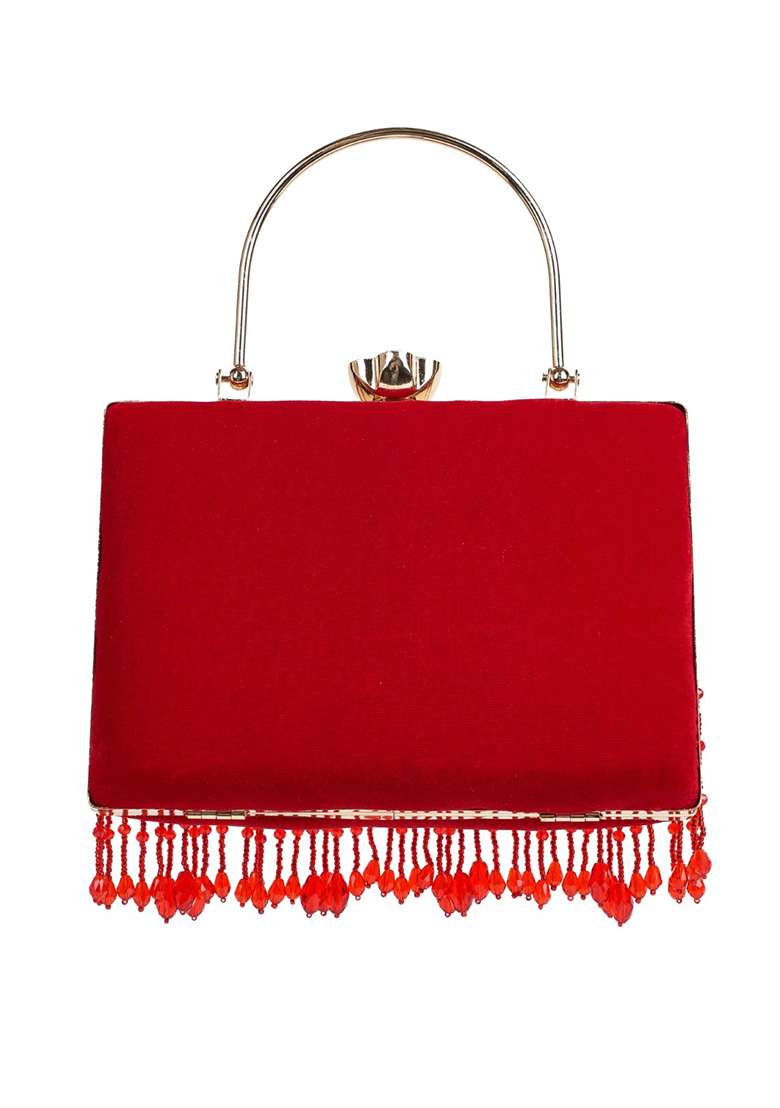 Crimson Red And Gold Two Tone Velvet Clutch - Indya