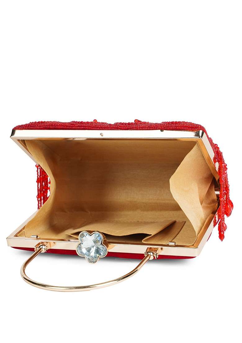 Crimson Red And Gold Two Tone Velvet Clutch - Indya