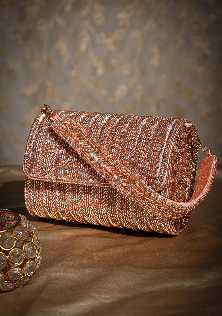 Dusty Pink And Gold Chevron Beaded Silk Clutch - Indya