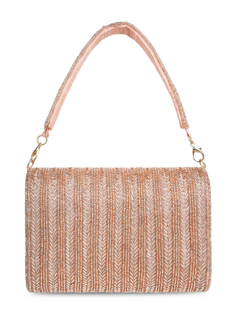 Dusty Pink And Gold Chevron Beaded Silk Clutch - Indya