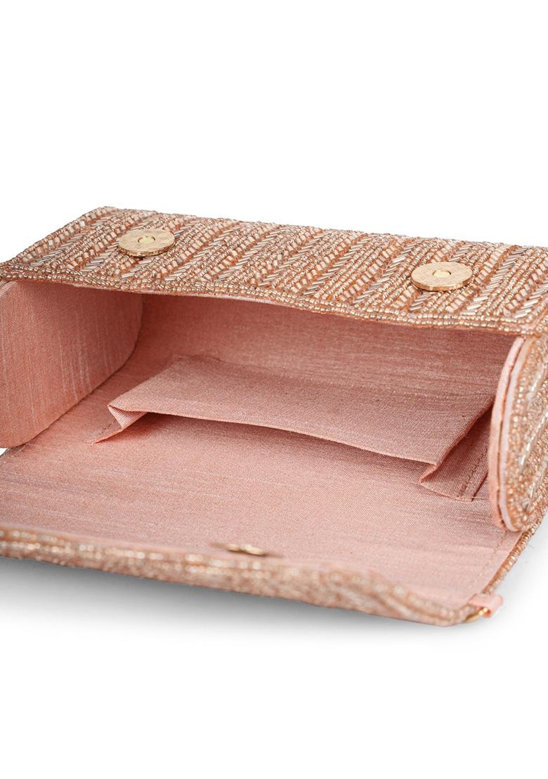 Dusty Pink And Gold Chevron Beaded Silk Clutch - Indya