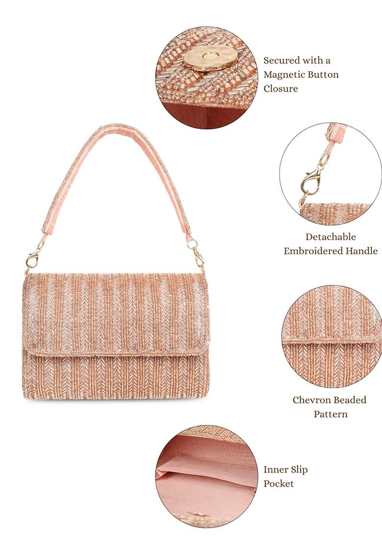Dusty Pink And Gold Chevron Beaded Silk Clutch - Indya