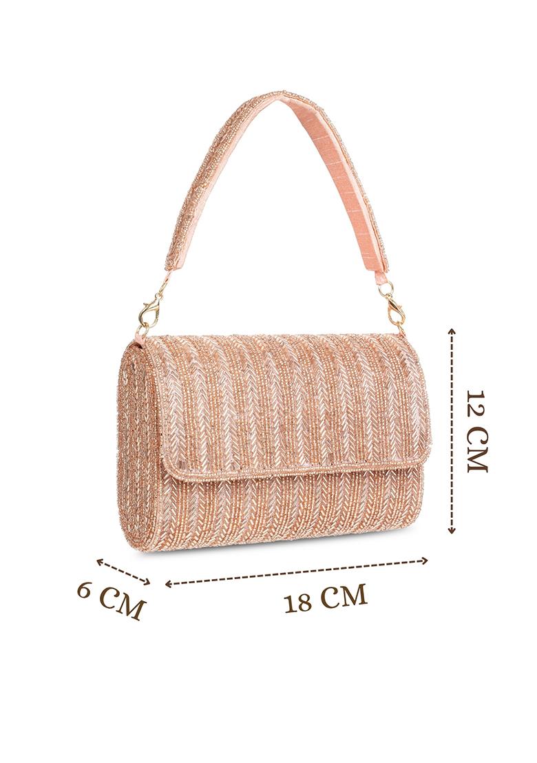 Dusty Pink And Gold Chevron Beaded Silk Clutch - Indya