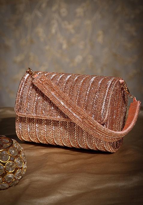 Dusty Pink And Gold Chevron Beaded Silk Clutch