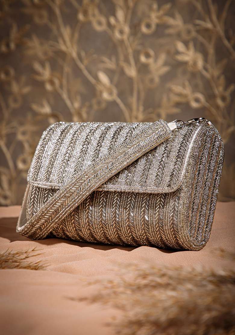 Silver Chevron Beaded Silk Clutch - Indya
