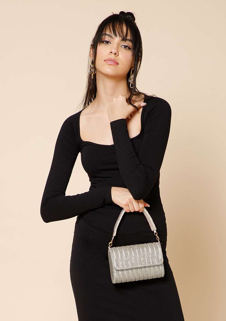 Silver Chevron Beaded Silk Clutch - Indya
