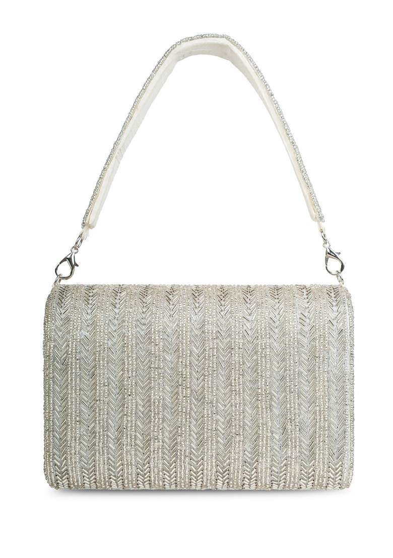 Silver Chevron Beaded Silk Clutch - Indya