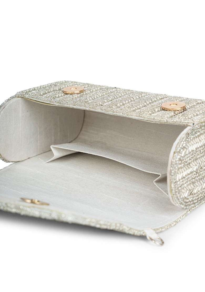 Silver Chevron Beaded Silk Clutch - Indya