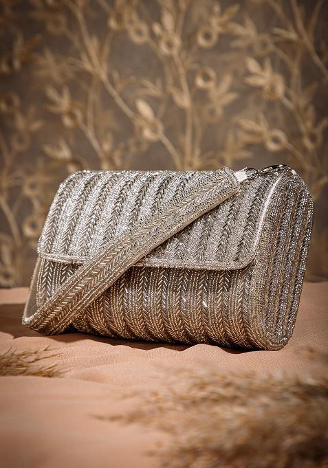 Silver Chevron Beaded Silk Clutch