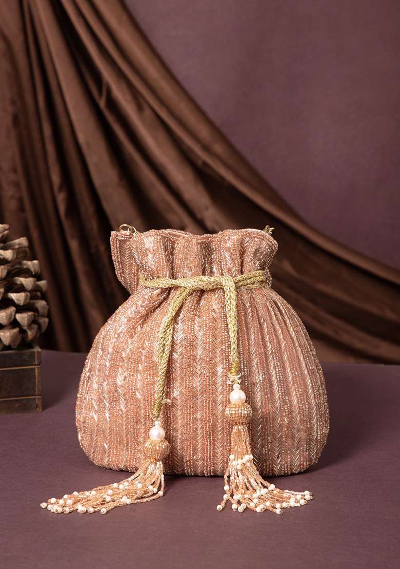 Dusty Pink And Gold Chevron Beaded Silk Potli - Indya