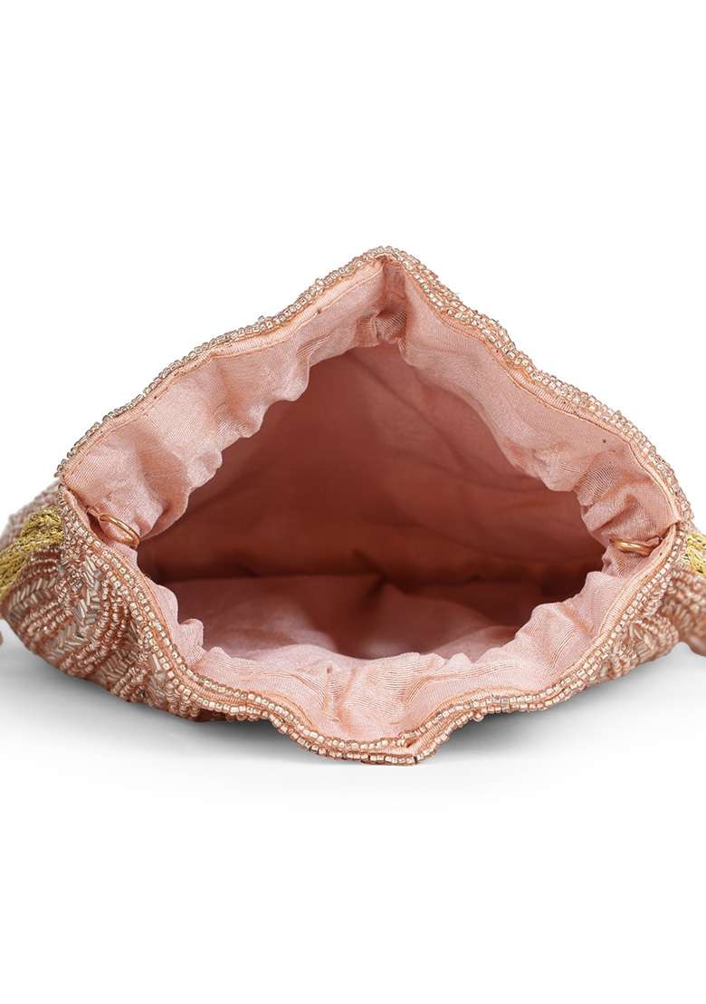 Dusty Pink And Gold Chevron Beaded Silk Potli - Indya
