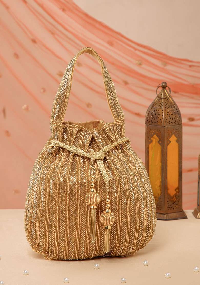 Antique Gold Chevron Beaded Silk Potli - Indya