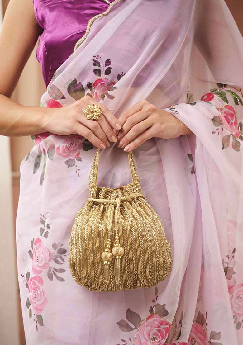 Antique Gold Chevron Beaded Silk Potli - Indya