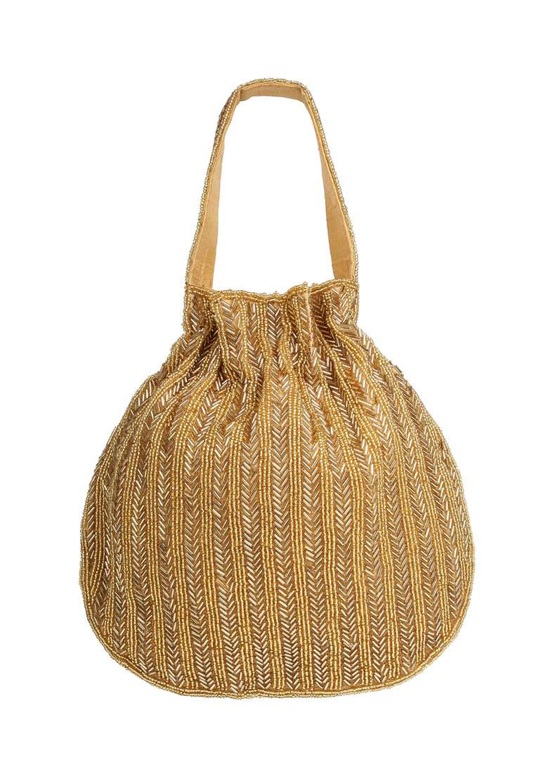 Antique Gold Chevron Beaded Silk Potli - Indya