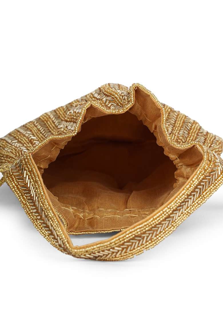 Antique Gold Chevron Beaded Silk Potli - Indya