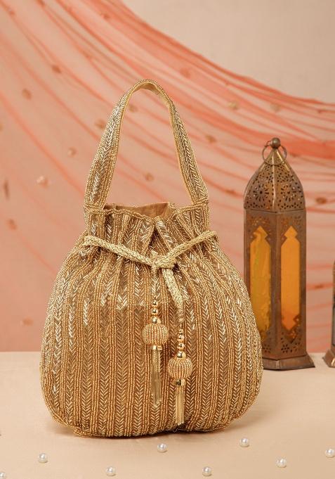 Antique Gold Chevron Beaded Silk Potli