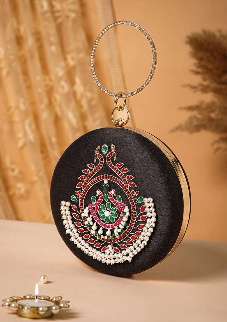 Multicolor Embellished Silk Clutch - Indya