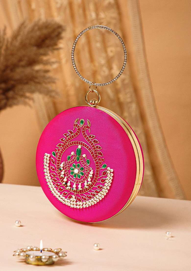Multicolor Embellished Silk Clutch - Indya