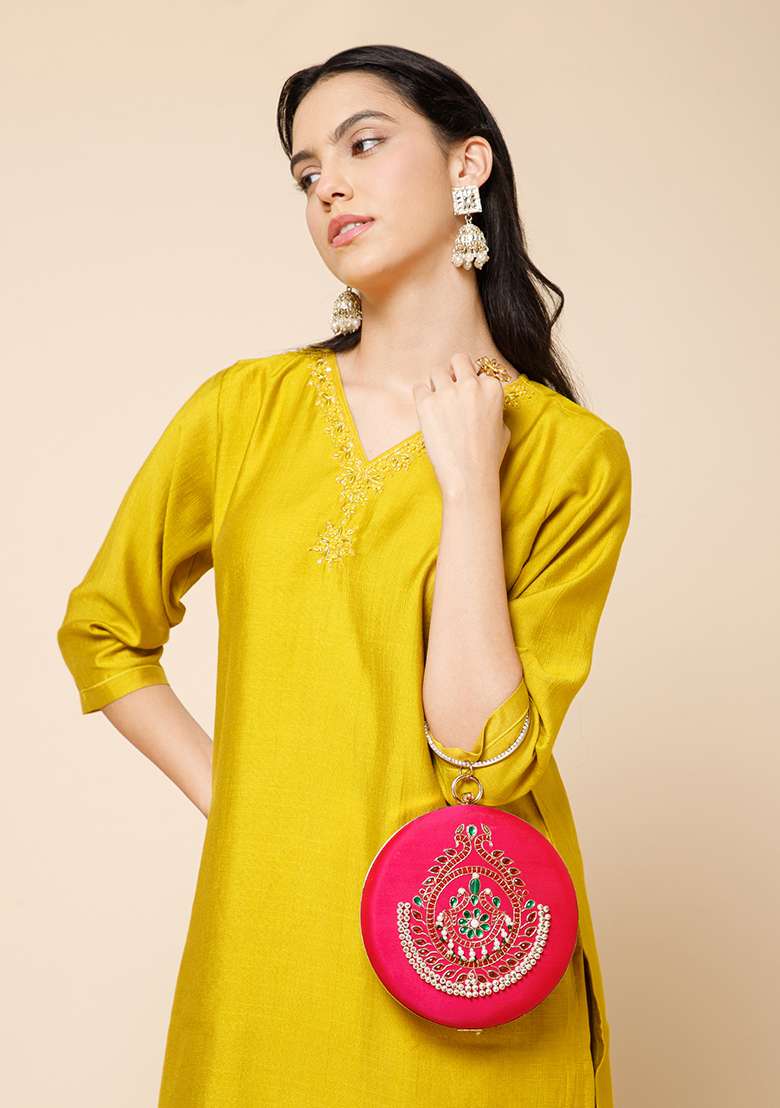 Multicolor Embellished Silk Clutch - Indya