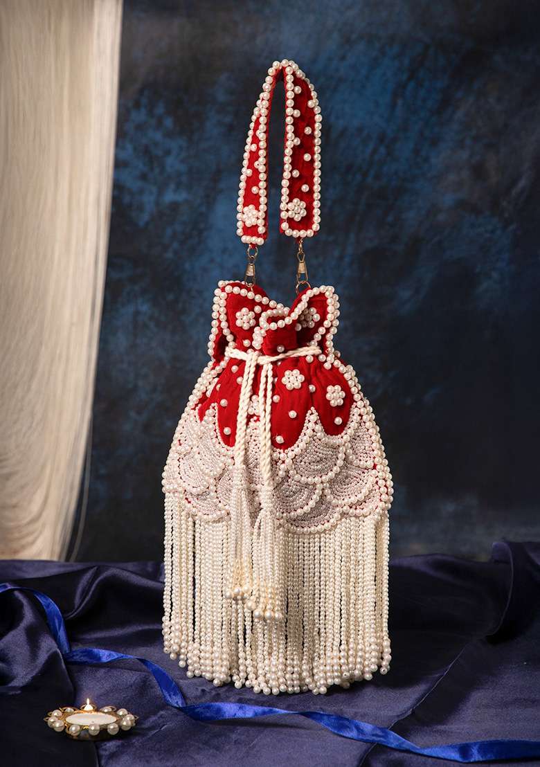 Deep Red And Pearl White Embroidery Velvet Potli - Indya