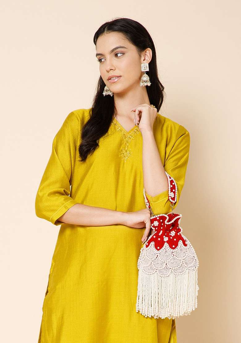 Deep Red And Pearl White Embroidery Velvet Potli - Indya