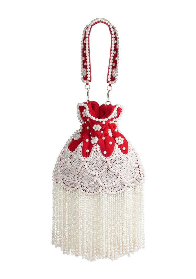 Deep Red And Pearl White Embroidery Velvet Potli - Indya