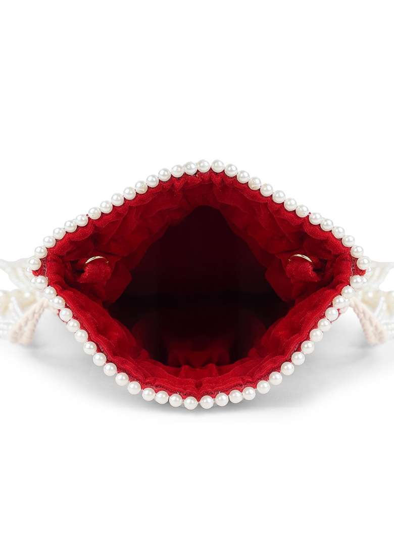 Deep Red And Pearl White Embroidery Velvet Potli - Indya