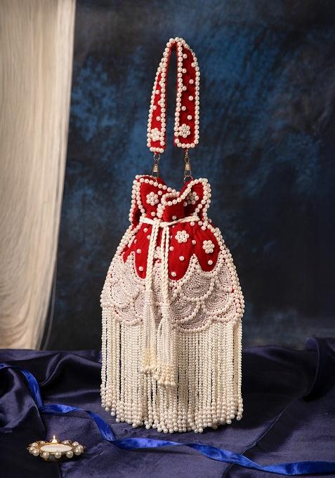 Deep Red And Pearl White Embroidery Velvet Potli