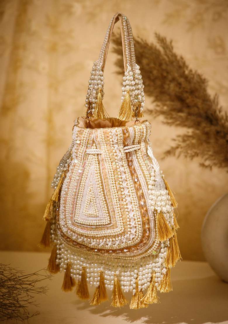 Champagne Gold And Ivory Beadwork Velvet Potli - Indya