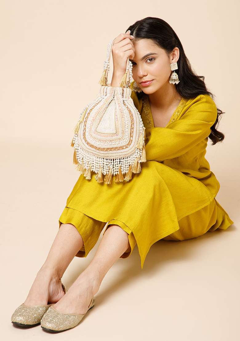 Champagne Gold And Ivory Beadwork Velvet Potli - Indya