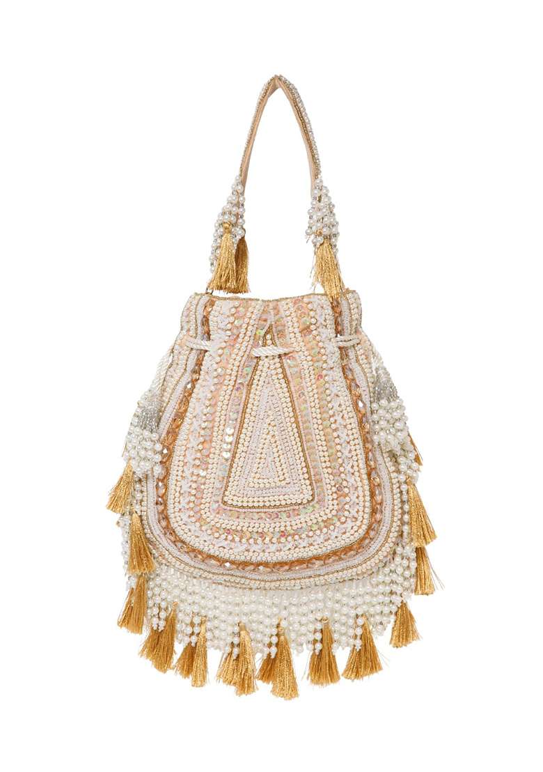 Champagne Gold And Ivory Beadwork Velvet Potli - Indya