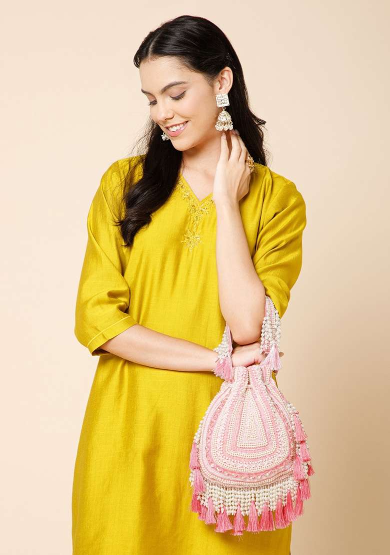 Coral Pink And Ivory Beadwork Velvet Potli - Indya