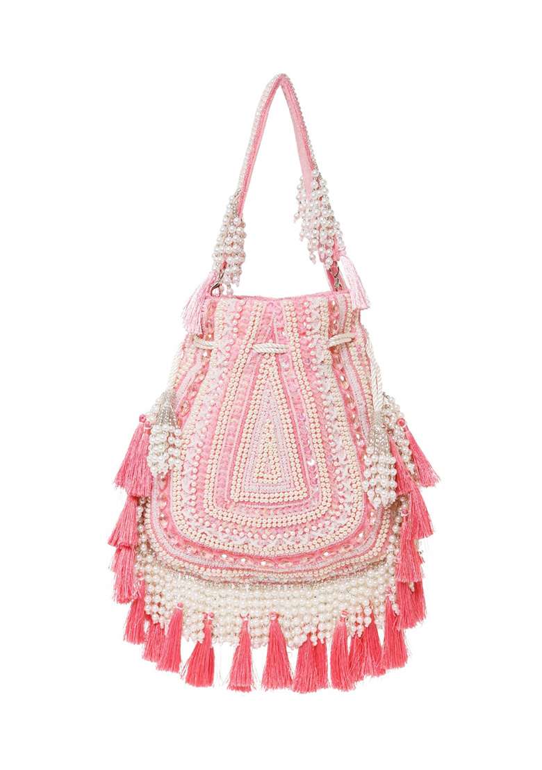 Coral Pink And Ivory Beadwork Velvet Potli - Indya