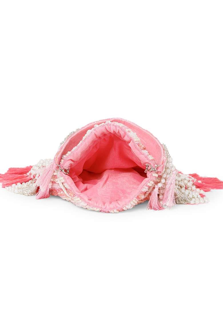 Coral Pink And Ivory Beadwork Velvet Potli - Indya