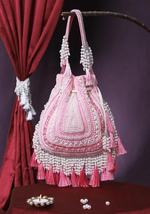 Coral Pink And Ivory Beadwork Velvet Potli