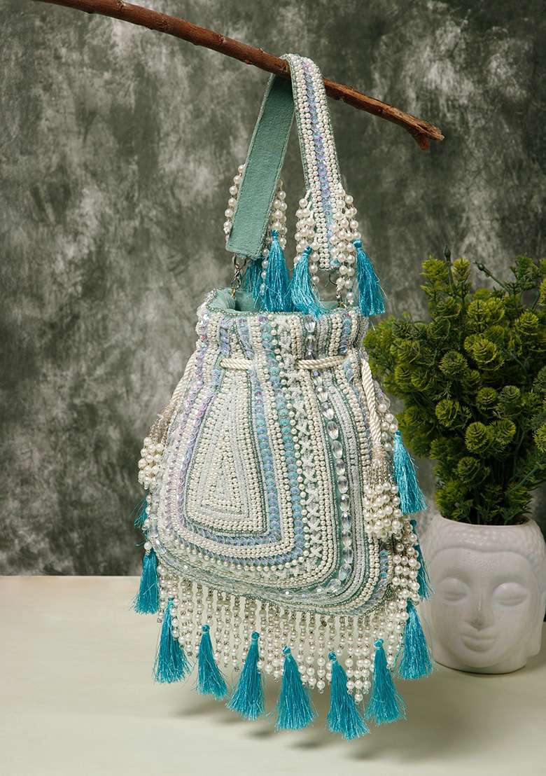 Mint Green And Ivory Beadwork Velvet Potli - Indya