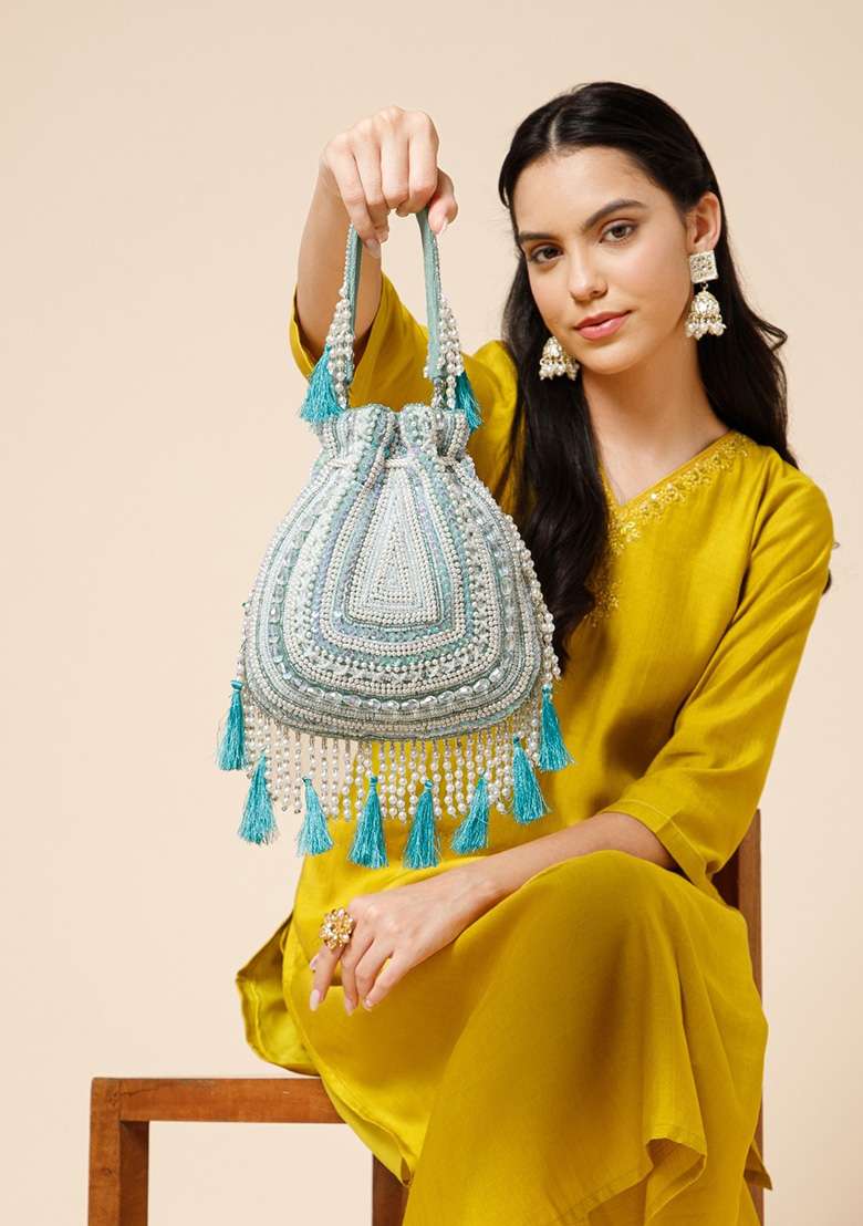 Mint Green And Ivory Beadwork Velvet Potli - Indya