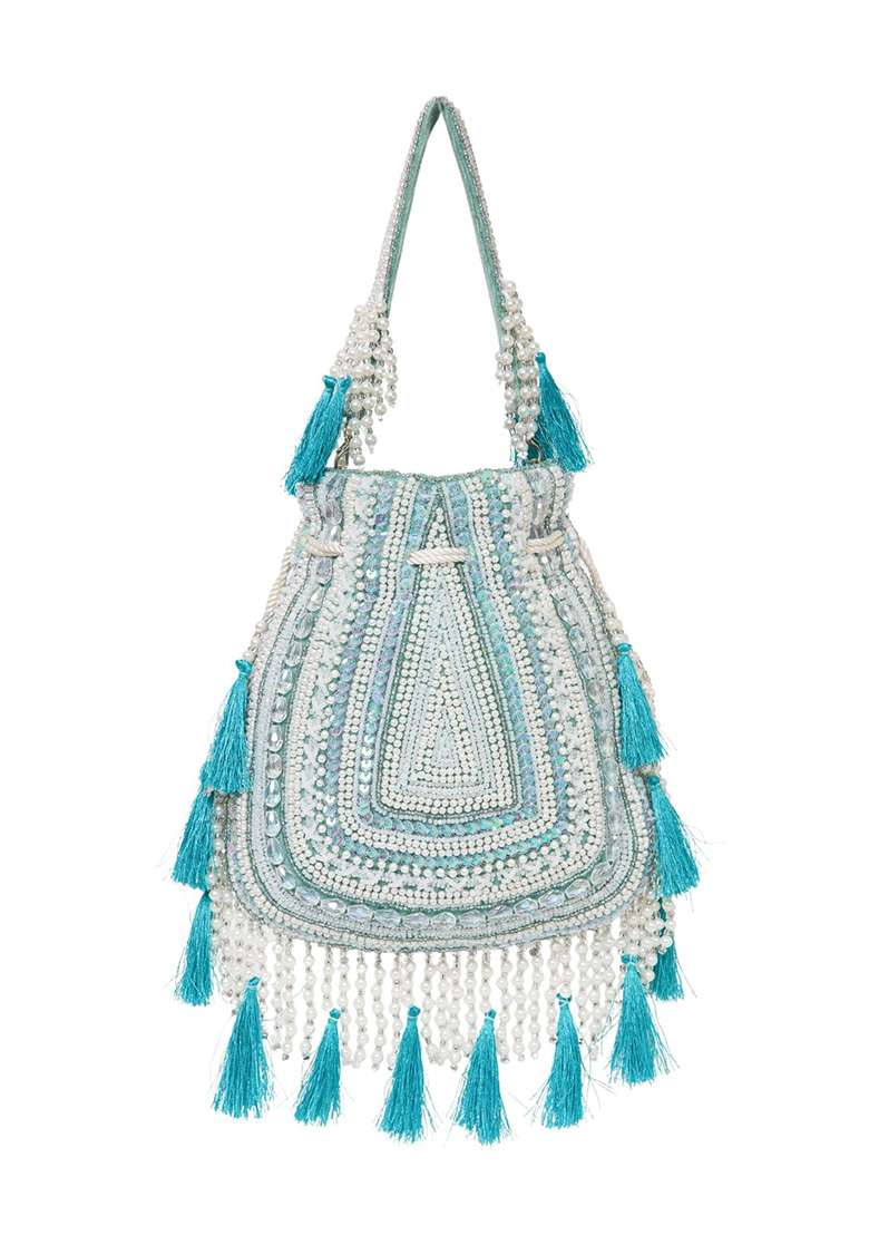 Mint Green And Ivory Beadwork Velvet Potli - Indya