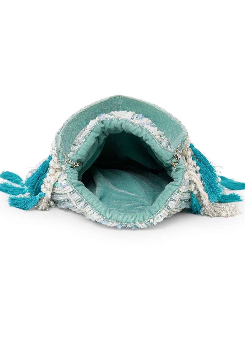 Mint Green And Ivory Beadwork Velvet Potli - Indya