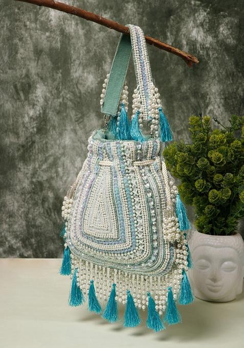 Mint Green And Ivory Beadwork Velvet Potli