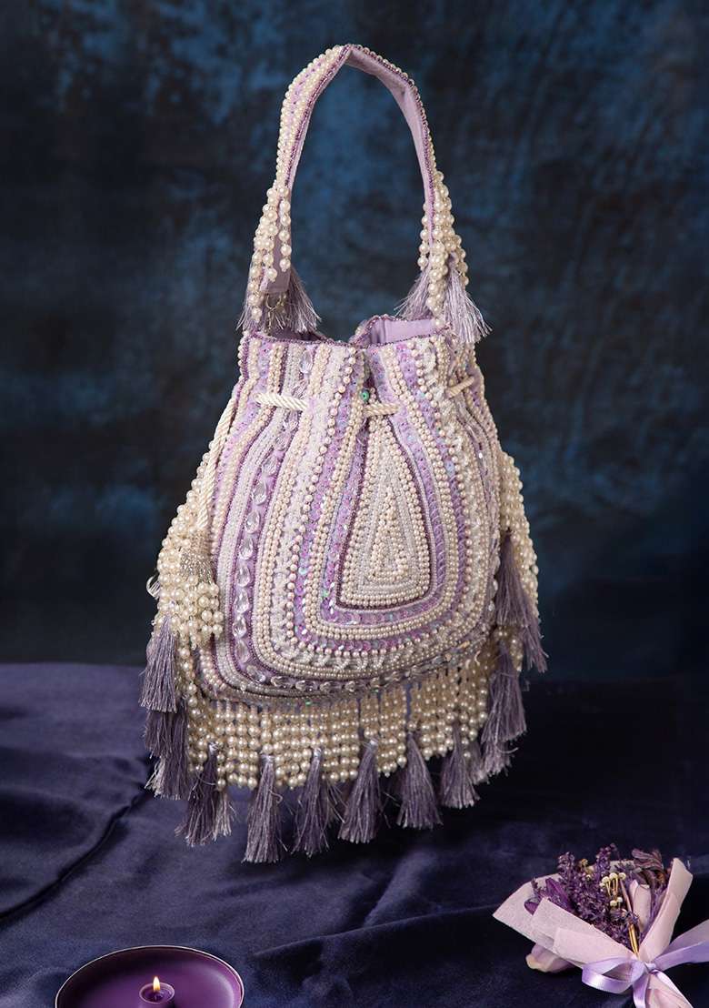Light Lavender And Ivory Beadwork Velvet Potli - Indya
