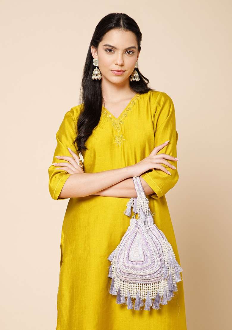 Light Lavender And Ivory Beadwork Velvet Potli - Indya