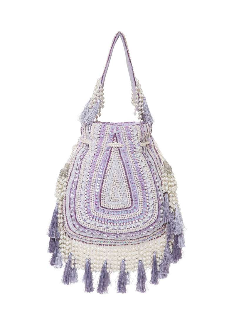 Light Lavender And Ivory Beadwork Velvet Potli - Indya