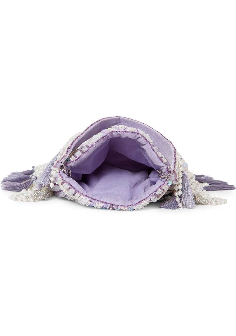 Light Lavender And Ivory Beadwork Velvet Potli - Indya