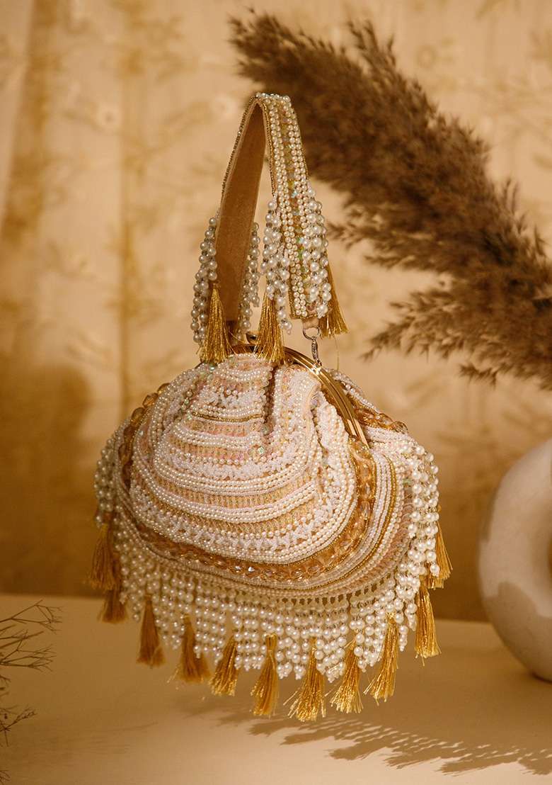 Champagne Gold And Ivory Beadwork Velvet Clutch - Indya