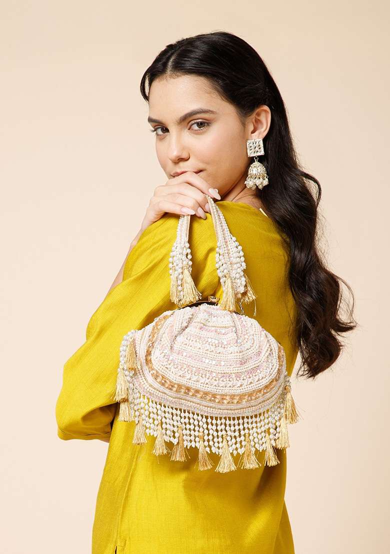 Champagne Gold And Ivory Beadwork Velvet Clutch - Indya