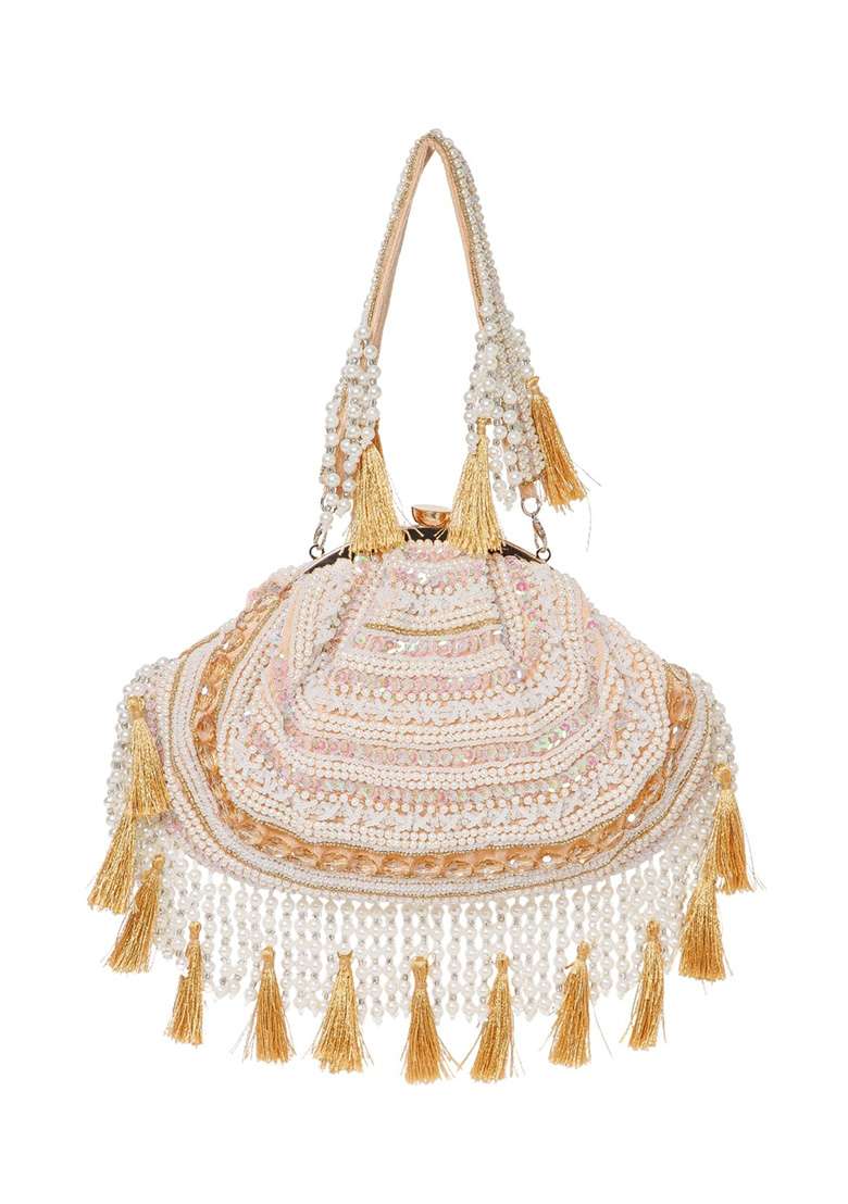 Champagne Gold And Ivory Beadwork Velvet Clutch - Indya